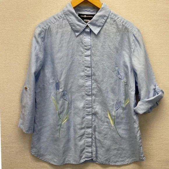 Sag Harbor Womens Blue 100% Linen Floral Embroidered Roll Tab Shirt Large VTG - Picture 11 of 11